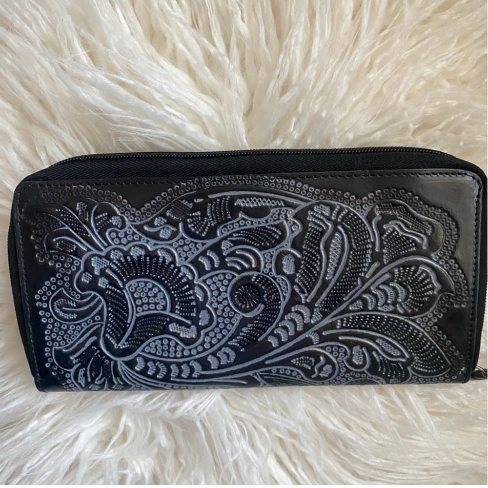 Black Zip Around Embossed Wallet